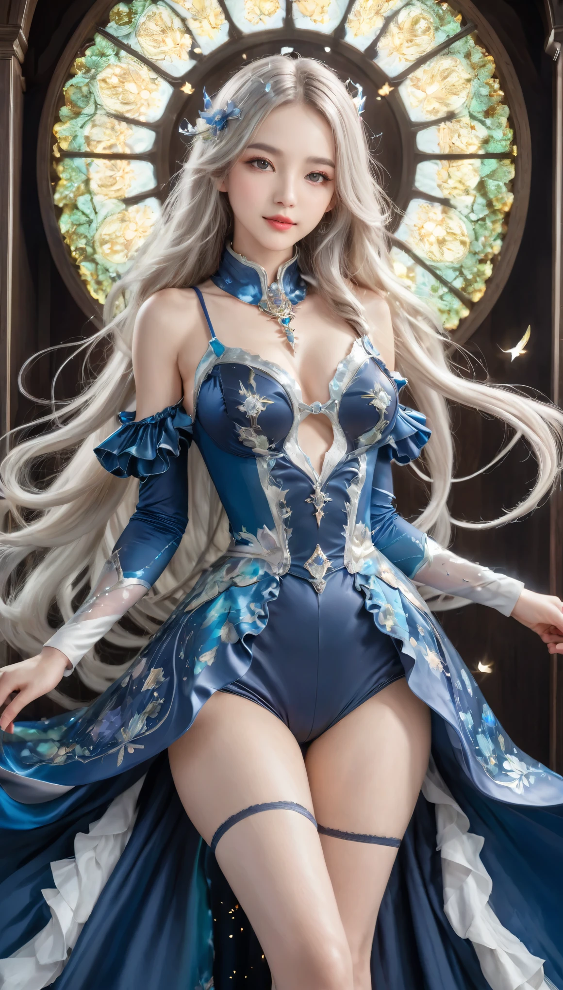 8K resolution, masterpiece, Highest quality, Award-winning works, unrealistic, From above, erotic, sole sexy lady, healthy shaped body, 22 years old, black mage, 165cm tall, huge firm bouncing busts,, white silver long wavy hair, Detailed facial depictions, Break, Mysterious blue eyes, Standard nose, Eyeliner, pink lips, sexy long legs, Clear skin, holy knight, Gothic ruffle long dress, A dress with a complex structure, Seven-colored colorful dress, Clothed in flames, royal coat of arms, elegant, Very detailed, Delicate depiction of hair, miniature painting, Digital Painting, artステーションコンセプトart, Smooth, Sharp focus, shape, artジャム、Greg Rutkowski、Alphonse Mucha、William Adolphe Bouguereau、art：Stephanie Law , Royal Jewel, nature, Symmetric, Greg Rutkowski, Charlie Bowwater, Unreal, Surreal, Dynamic Lighting, ファンタジーart, Complex colors, Colorful magic circle, flash, dynamic sexy poses, A kind smile, Mysterious Background, Aura, A gentle gaze, BREAK, Small faint lights and flying fireflies, night, lanthanum, 山の頂From above下界を見下ろす, Starry Sky, milky way, nebula, shooting star