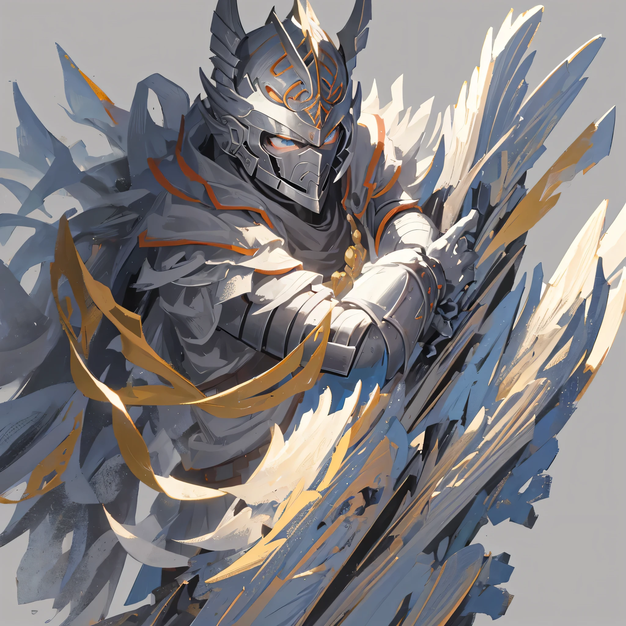 A medieval guard，warrior，mighty，divinity，White short hair male，Wearing armor，((male))，((Plain gray background))