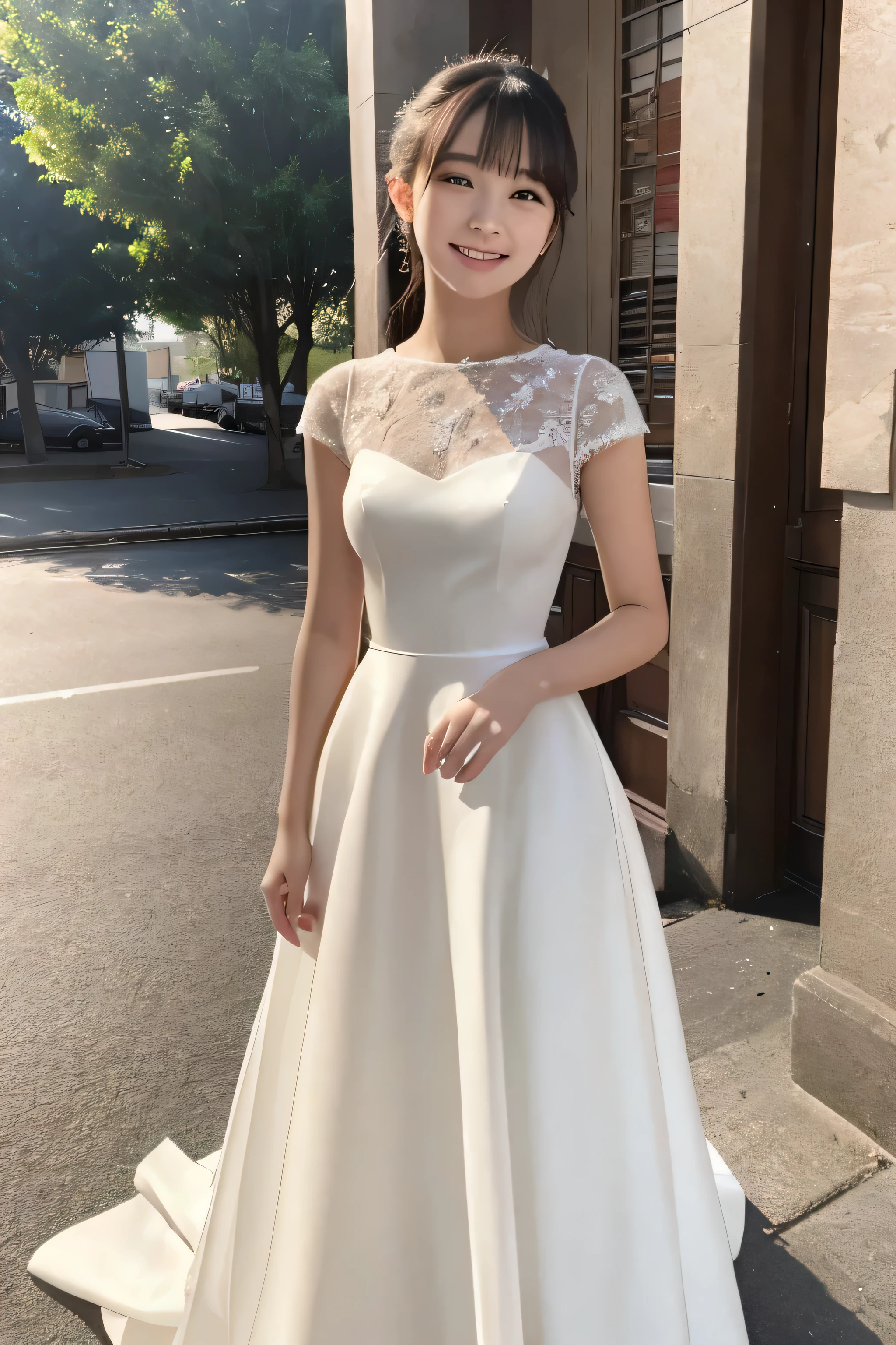 A 20-year-old young lady with a kind smile wearing a neat and elegant formal dress. A skirt that shows off your soft ankles