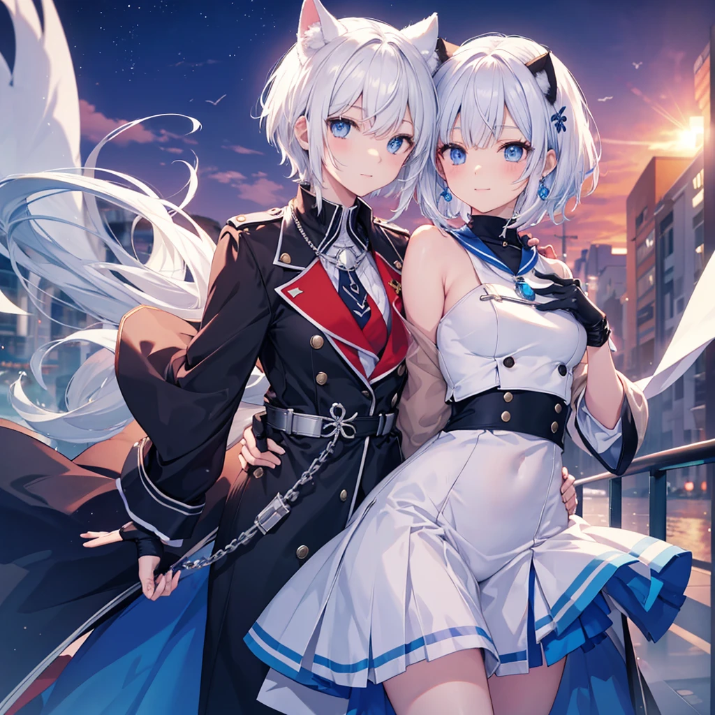 White Hair　blue eyes　short hair　Have　student　Cat ear　nice　Blue Earrings　necklace　gloves　beauty　thin　Sailor suit　Put on a black coat　Fantasy　smile　coastal　sunset　Fluffy hair