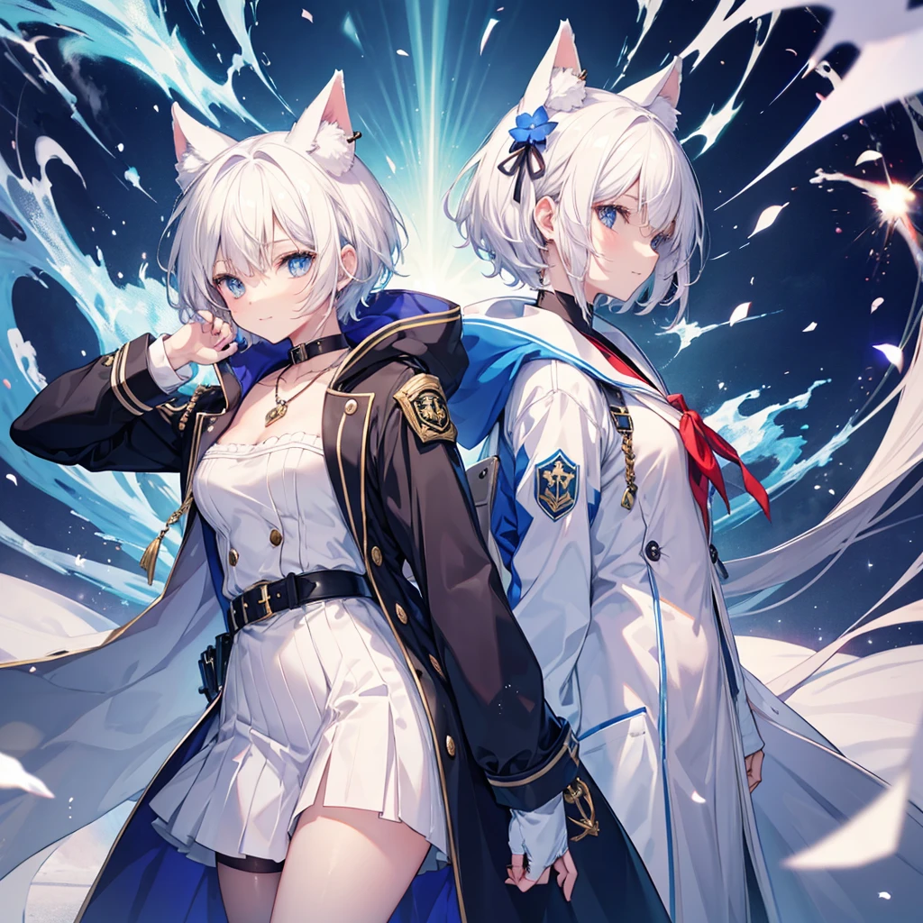 White Hair blue eyes short hair Have student Cat ear nice Blue Earrings necklace gloves beauty thin Sailor suit Put on a black coat Fantasy smile coastal sunset Fluffy hair
