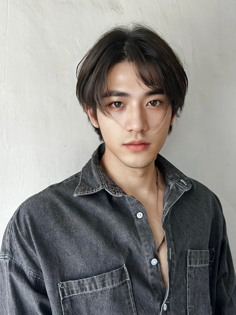 Best Quality, 8k, Masterpiece, (Portrait: 1.3), (photo realistic:1.4), (hyper realistic:1.4), Sharp Focus, looking at viewer, (smoother lighting:1.1), (increase cinematic lighting quality:0.9), realistic lighting, backlighting, light on face, ray trace, (brightening light:1.2), (Increase quality:1.4), sharp detail, (best quality real texture skin:1.4), finely detailed eyes, black_eyes, finely detailed face, 25 year old Korean man, (white formal_shirt:1.4), (Create an image maintaining the original base model hairstyle:1.5)