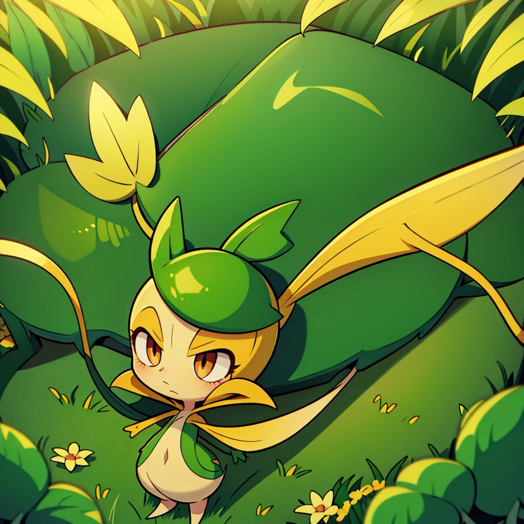 Snivy in a flower field, good lighting, frown, defined tail, pointed snout, beautiful eyes, ancesra art style