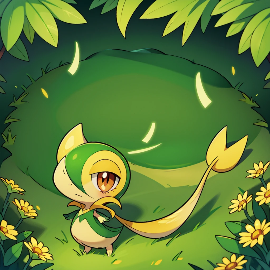 Snivy in a flower field, good lighting, frown, defined tail, pointed snout, beautiful eyes, ancesra art style