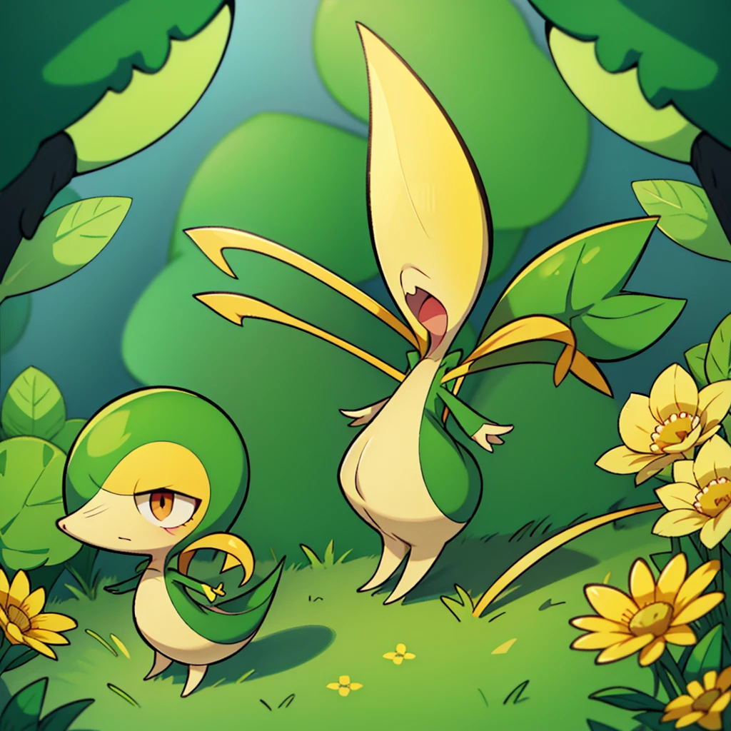 Snivy in a flower field, good lighting, frown, defined tail, pointed snout, beautiful eyes, ancesra art style