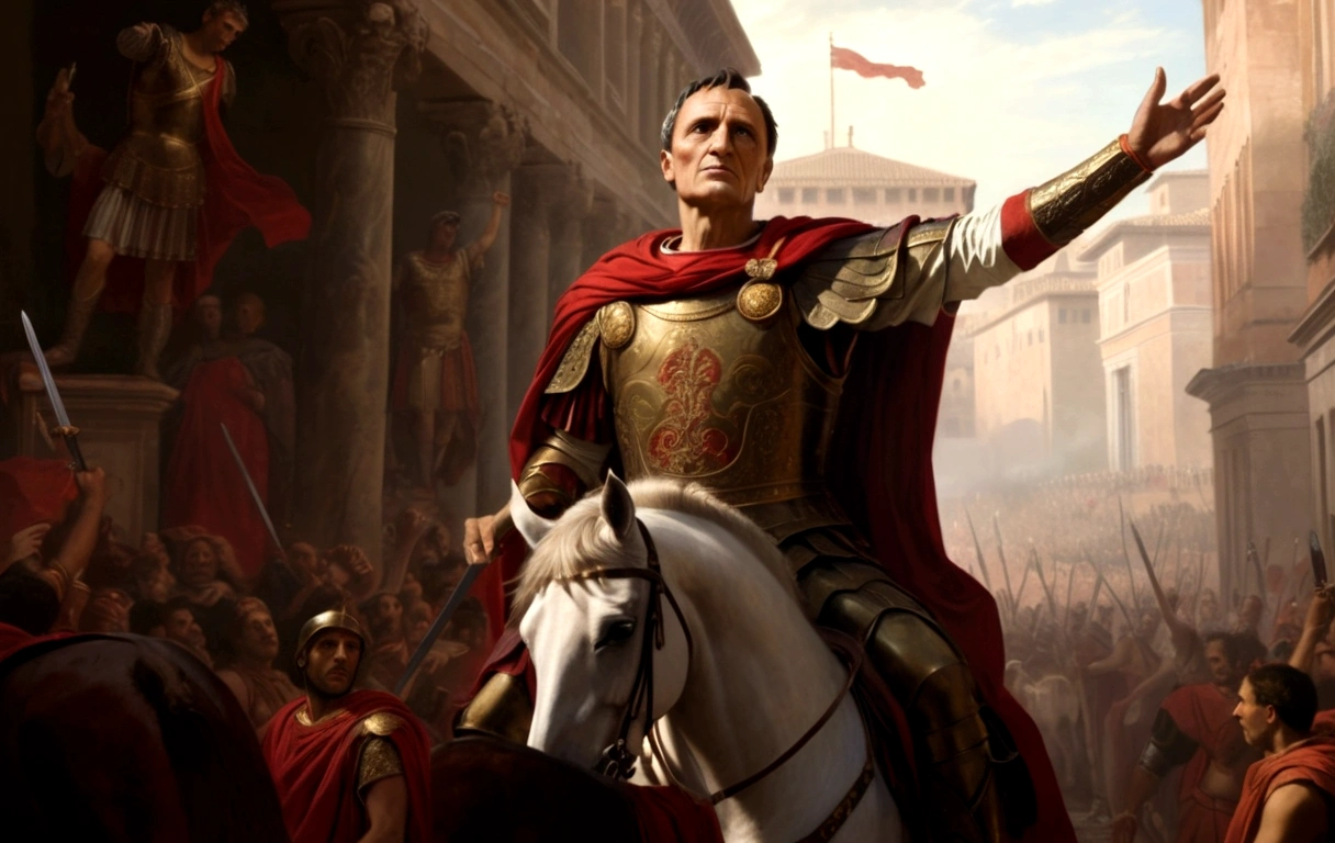 Renaissance painting of Julius Caesar emperor of Rome, triumphant on top of his horse, he is looking like a hero and masculine, raising his sword, wearing his iconic outfit and red cape