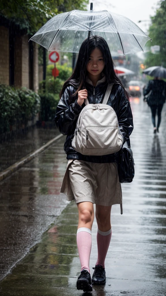 a girl walking home from school on a rainy day, holding an umbrella, frogs, snails, rain, puddles, wet pavement, overcast sky, muted colors, natural lighting, detailed facial features, photorealistic, ultra-detailed, 8k, hyper-realistic, warm palette, soft focus, depth of field