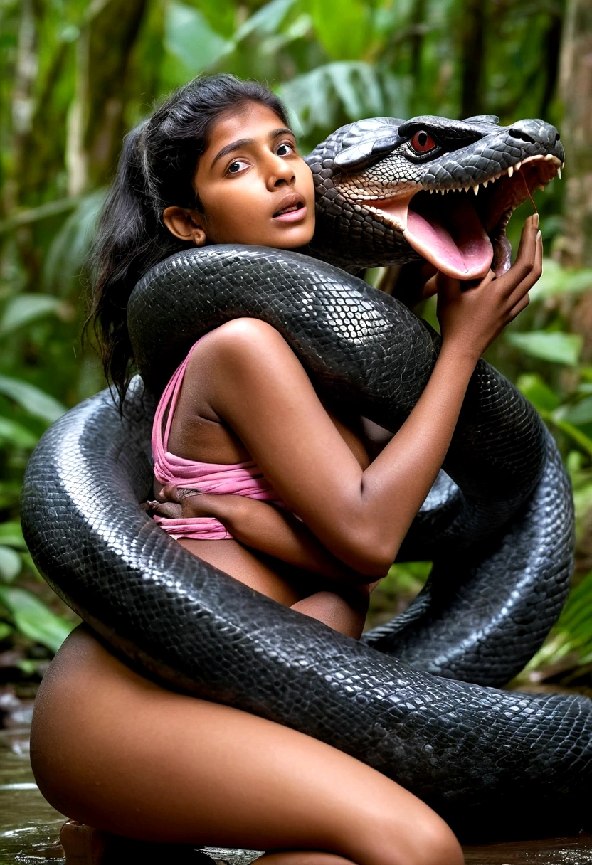 Topless pink g-string wearing aroused horny beautiful happy young Indian girl vs Giant colossal black anaconda monster wrapped around her body squeezing her in coiled embrace cuddling and kissing sexual erotic bestiality sex realistic in the rainforest full body, best quality wet