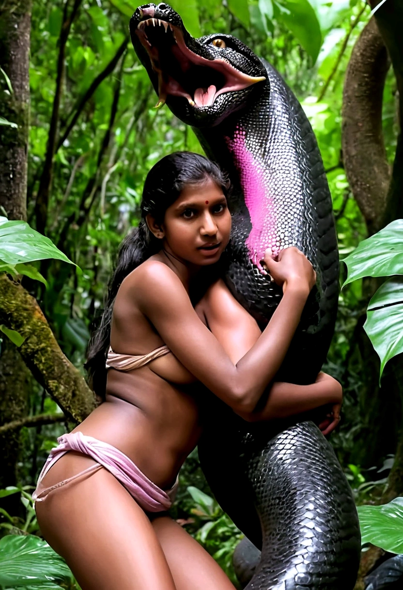 Topless pink g-string wearing aroused horny beautiful happy young Indian girl vs Giant colossal black anaconda monster wrapped around her body squeezing her in coiled embrace cuddling and kissing sexual erotic bestiality sex realistic in the rainforest full body, best quality wet