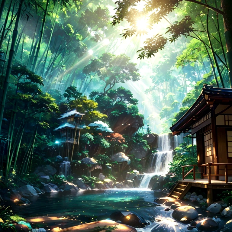 which is a summer tradition of Japan, Nagashi somen, Bamboo Gutter, Somen, Clear Stream, Lush valleys, Sunlight filtering through the trees, Cool scenery, Families, Children's smile, Dip in soup, Scooping the noodles, Summer vacation, Original Japanese Landscape, Nostalgic, Digital interface, Futuristic Technology, 光るSomen, Fusion of nature and technology, Photorealistic, Art Station Quality, High resolution, Detailed texture, 8K, Concept Art, Instagram Post
