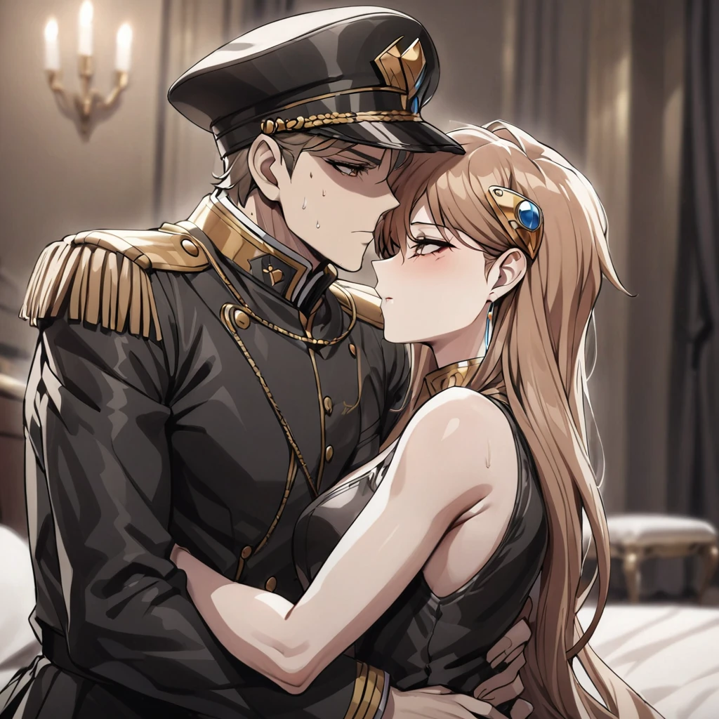 ((Highest quality)), ((masterpiece)), (detailed), （Perfect Face）、The woman is Princess Leona, with medium-long light brown hair, and is wearing a sexy black military uniform and cap for women. In a luxurious room, she is embraced by a strong, dignified, old, male general, who is a villain, and is kissed and loved by him as his mistress.、Women are brainwashed, expressionless, and have no highlights in their eyes.