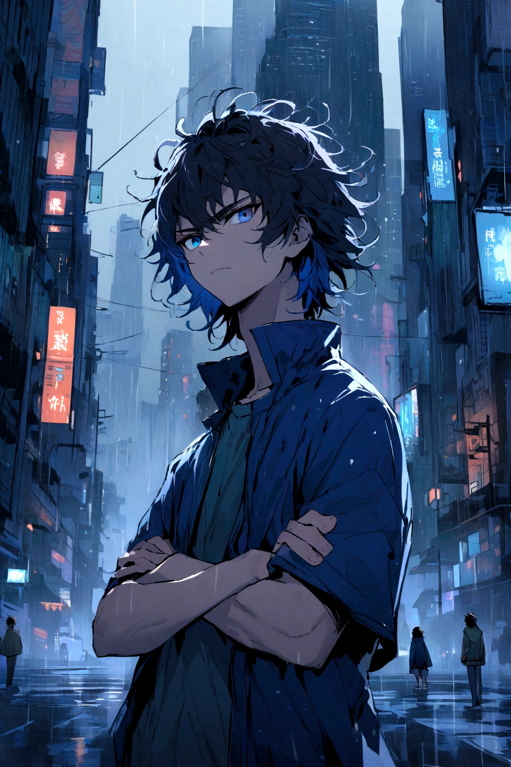 Teenage boy, Messy hair, Medium length hair, black hair with blue highlights, dark brown and blue eyes heterochromia, serious face, dark blue shirt short-sleeved loose jacket, crossed arms, scenery in a rainy city with skyscrapers