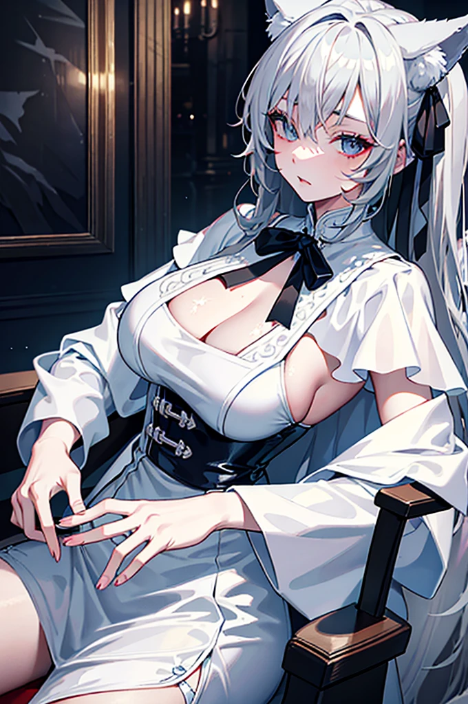 best qualtiy，tmasterpiece，The is very detailed，4K，Gray hair and shallow eyes，Drag cool expressions，Wolf ears，Erect scar on the left eye，British style，1girl，Absolutely beautiful, big bust, white costume, ear ribbon