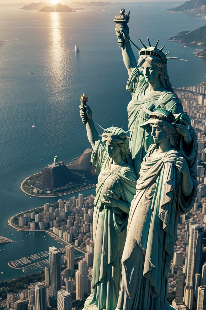 Statue of Liberty and Christ the Redeemer in Rio de Janeiro holding hands., cinematic lighting, UHD, super detail, 8k