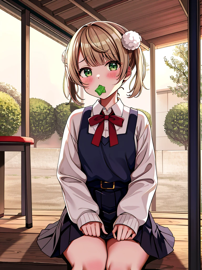 masterpiece, Highest quality, High resolution, ui3, （Chibi/Lori）One girl, alone, Green Eyes, Pom-pom \(Clothes\), Apron dress, White shirt, White socks,Jumper skirt、 Long sleeve, Dilapidated, short hair, belt, Red bow tie, bangs,  青いClothes, Collared shirt, Cowboy Shot、orgasm,blush、Put a condom in your mouth、 Sweat,White panties、Pull up your skirt with your hands、Sit on the outdoor air conditioning unit、