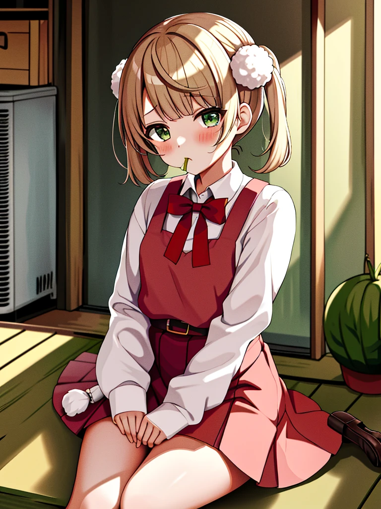 masterpiece, Highest quality, High resolution, 8--old,ne Girl, alone, Green Eyes, Pom-pom \(Clothes\), Apron dress, White shirt, White socks,Jumper skirt、 Long sleeve, Dilapidated, short hair, belt, Red bow tie, bangs, 青いClothes, Collared shirt, Cowboy Shot, orgasm,blush, Put a condom in your mouth,  Sweat, White panties, pull up the skirt with your hands, Sit on top of an air conditioner outdoor unit, A defiant smile、