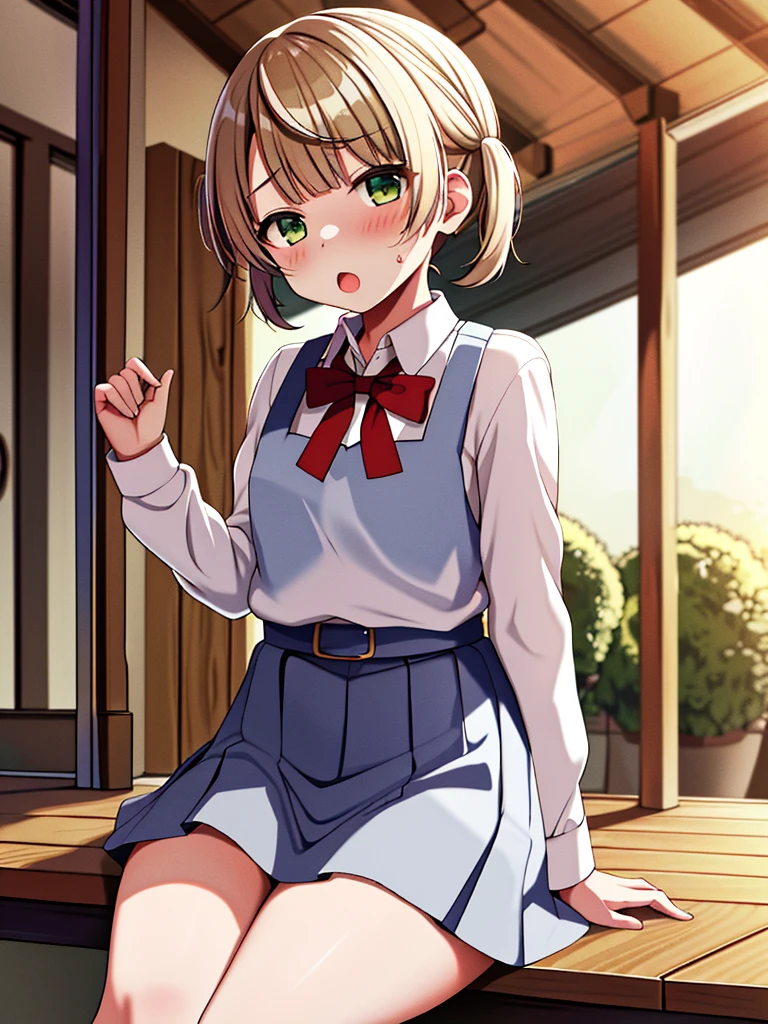 masterpiece, (score_9,score_8_up,score_7_up,score_6_up), 1 girl, green eyes, little sassy, skinny, tsurime, asymmetrical bangs, high ponytail, (blond hair:1.3), (school uniform), (white collared shirt, plain pattern shirt, short sleeves, shirt tucked in:1), (red plain pattern narrow neck ribbon:1.1), brown loafers,
white loose socks,
bare feet, thigh, teeth, blush,surprised, looking at viewers, 