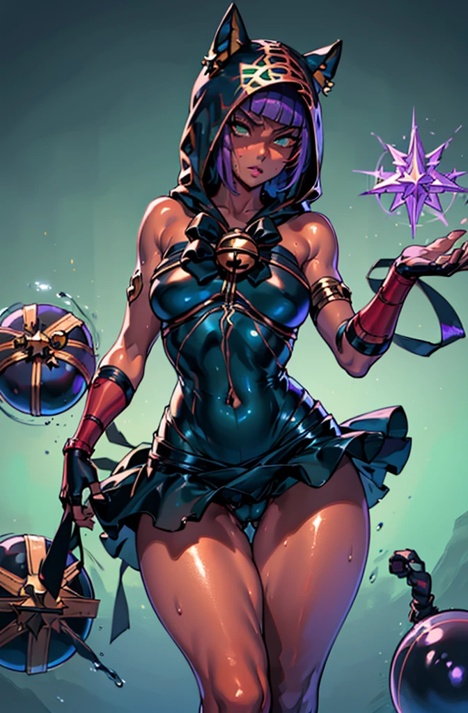 best quality, absurdres, ((1girl)), beautiful legs, menat_holiday, , dark skin, Green eyes, egyptian, bob cut, red dress, (black hood), black gloves,((shiny thighs)),shiny skin,, bell, bare shoulders,sexy thighs,close up,,(((solo))),panty shot,((sweaty))