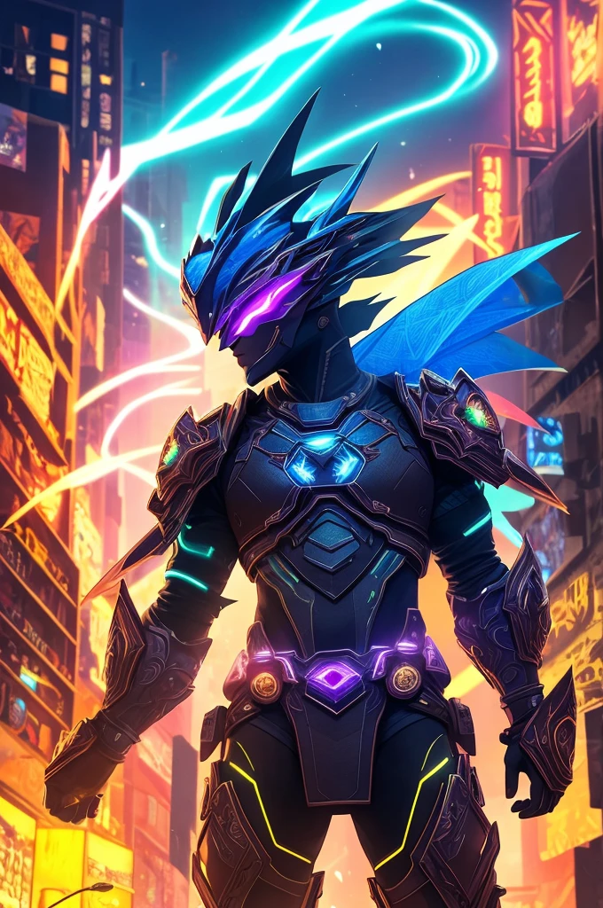 A mythical urso ninja stands poised in a neon-lit, dystopian metropolis, rendered in stunning 4K resolution, blending ancient legend with futuristic cyberpunk flair. The ninja's ornate, high-tech armor glows with a mesmerizing iridescent sheen, as intricate circuitry and glowing accents dance across the metallic surface. The dragon's scales shimmer in hues of indigo, violet, and electric blue, while neon accents pulse in fiery oranges and greens, casting an otherworldly glow across the surrounding urban landscape, exuding a sense of cutting-edge, cinematic grandeur.