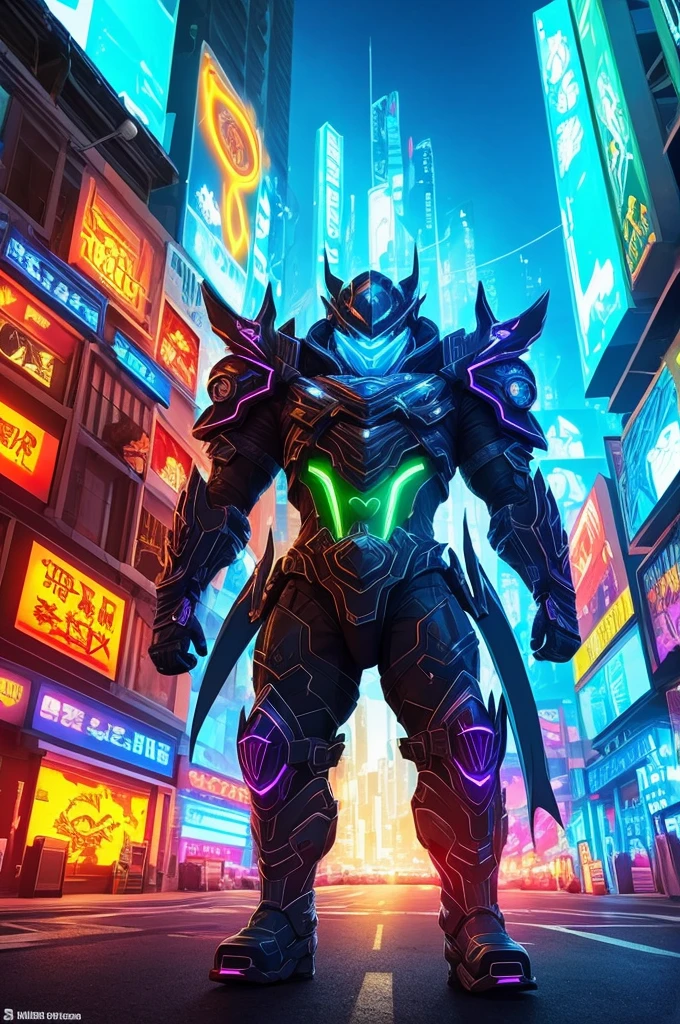 A mythical urso ninja stands poised in a neon-lit, dystopian metropolis, rendered in stunning 4K resolution, blending ancient legend with futuristic cyberpunk flair. The ninja's ornate, high-tech armor glows with a mesmerizing iridescent sheen, as intricate circuitry and glowing accents dance across the metallic surface. The dragon's scales shimmer in hues of indigo, violet, and electric blue, while neon accents pulse in fiery oranges and greens, casting an otherworldly glow across the surrounding urban landscape, exuding a sense of cutting-edge, cinematic grandeur.
