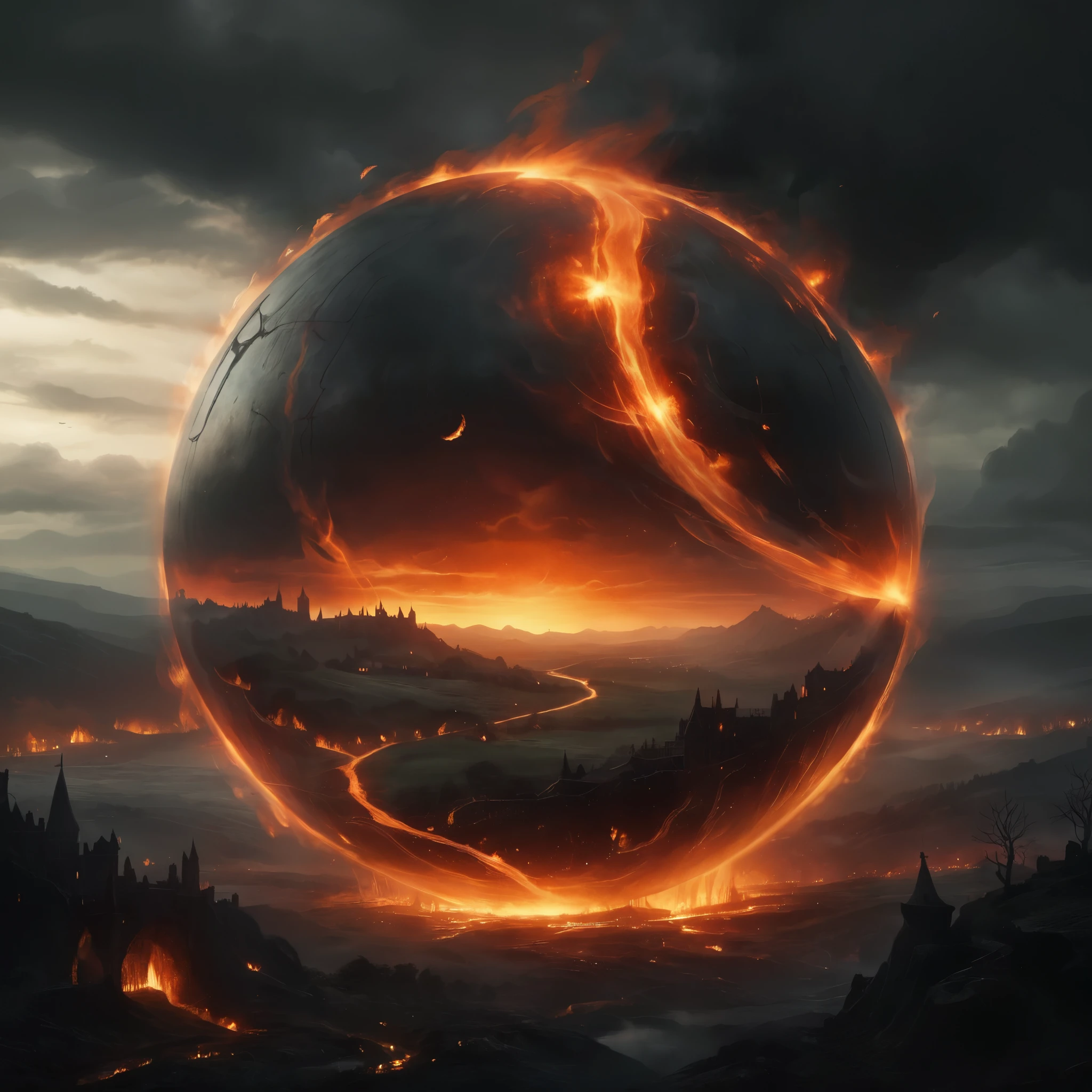 A dark, atmospheric depiction of the fiery sphere and landscape, with intricate, medieval-inspired details and a somber, eerie mood.