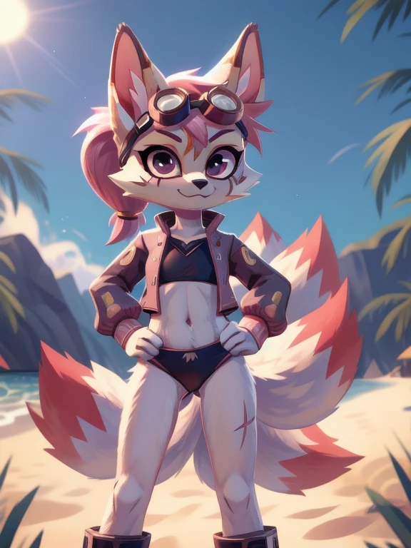 kimiko, furry female anthro, fox girl, white body fur, Pink hair, paws whit three toes, ((pink jacket, open clothes, black bikini, goggles)), small breasts, detailed body fur, detailed body, detailed face, detailed eyes, glistering body, shiny body, skinny, :3, multiple tails, multi tail, body fur, (best quality), cinematic lighting, looking at viewer, anime style, short ponytail, scar on the eye, 2D, beach, clear sky, hands on hips,