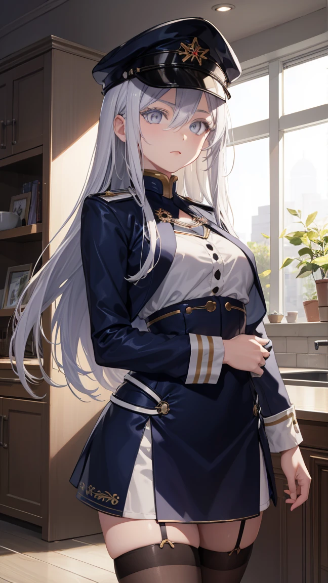 vladilenamilize, vladilena milize, (grey eyes:1.5), 1woman, mature woman, grey hair, hair between eyes, long hair, ahoge,
BREAK blue headwear, blue jacket, blue skirt, hat, jacket, military, military hat, military uniform, peaked cap, shirt, skirt,  thighhighs, uniform, white shirt,  white thighhighs,
BREAK looking at viewer,
BREAK indoors, military place,
BREAK (masterpiece:1.2), best quality, high resolution, unity 8k wallpaper, (illustration:0.8), (beautiful detailed eyes:1.6), extremely detailed face, perfect lighting, extremely detailed CG, (perfect hands, perfect anatomy),