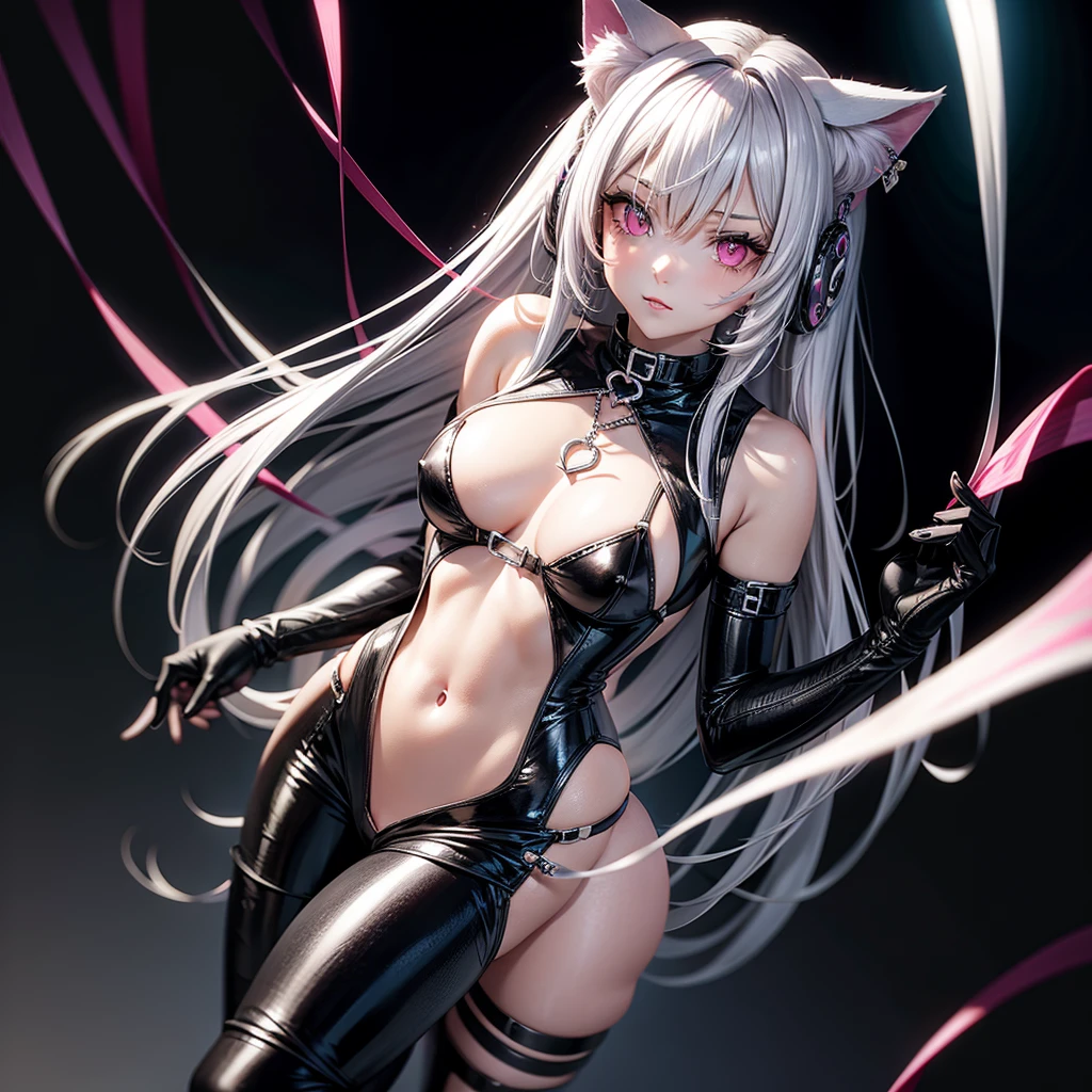 Silver hair, pink eyes, body, cat ears, sexy girl, earring charms