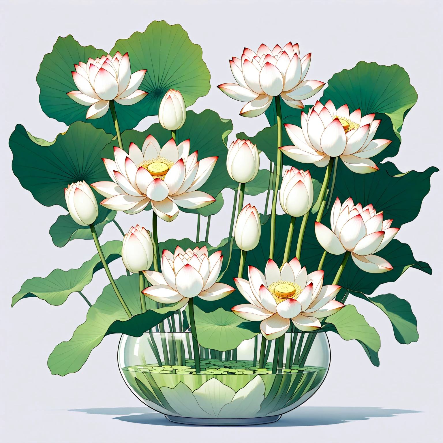 There are three white flowers in a vase with green leaves, lotus flowers, lotuses, lotus, with lotus flowers, author：Yamashita Kiyoshi, author：Kiyohara Tama, author：Ikuo Hirayama, lotus flower, lotus petals, author：Takamitsu Awataguchi, Flower arrangement white flowers, author：Kawai Yutang