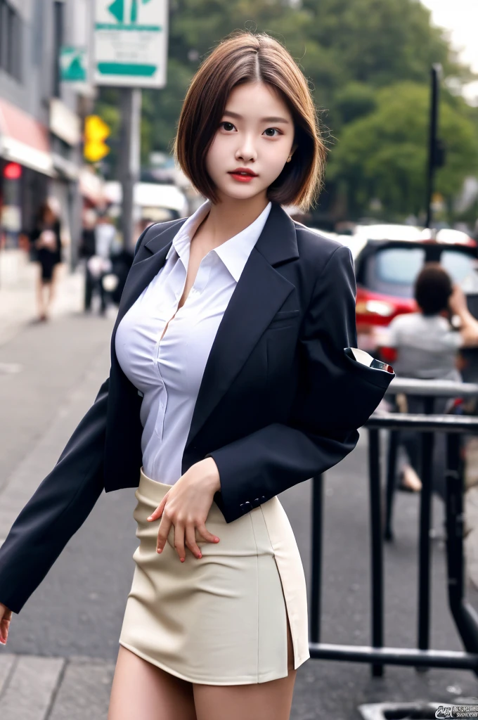 a 18 year old face of the most beautiful actress in the world, the perfect body proportions of a female, blazer is worn with formal shirt on female upper body, shirt skirt is worn with panties on female lower body, panties between bare legs under short skirt are seen just a little, the short hair cut of a female is just like male one, outfit of female upper body is tight thanks to large breasts, standing, at the city street, nsfw, best quality, highly detailed, masterpiece, ultra high res, photo realistic, 8k
