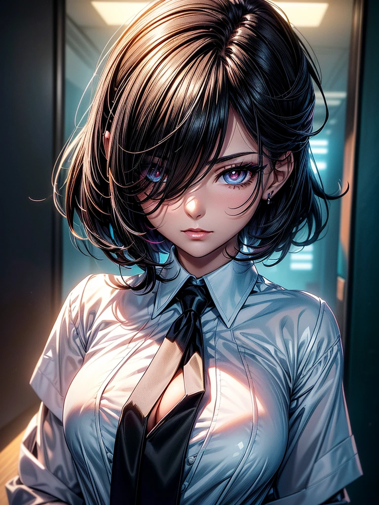 (masterpiece)(8k)(cute)(25-year old woman)(from below:1.3)(1girl:1.5)(solo:1.8)(wild hair:1.3)(short hair:1.3)(black brown hair)(shiny hair:1.2)(hair over one eye:1.5)(hairbun:1.2)(flat chest:1.3)(black pupils:1.4)(glossy skin:1.4)(glossy lips)(dark, glossy eye-shadow:1.5)(dark eyelashes:1.4)(white office shirt:1.6)(long black necktie:1.4)(piercing:1.2)(seductive pose:1.3)(wolf:1.2) rossdraws pastel vibrant, rossdraws cartoon vibrant, style anime 8k, beautiful portrait, artgerm colorful!!!, ! dream artgerm, beautiful anime girl, styled digital art, art wallpaper 8k, digital art, extremely detailed artgerm,