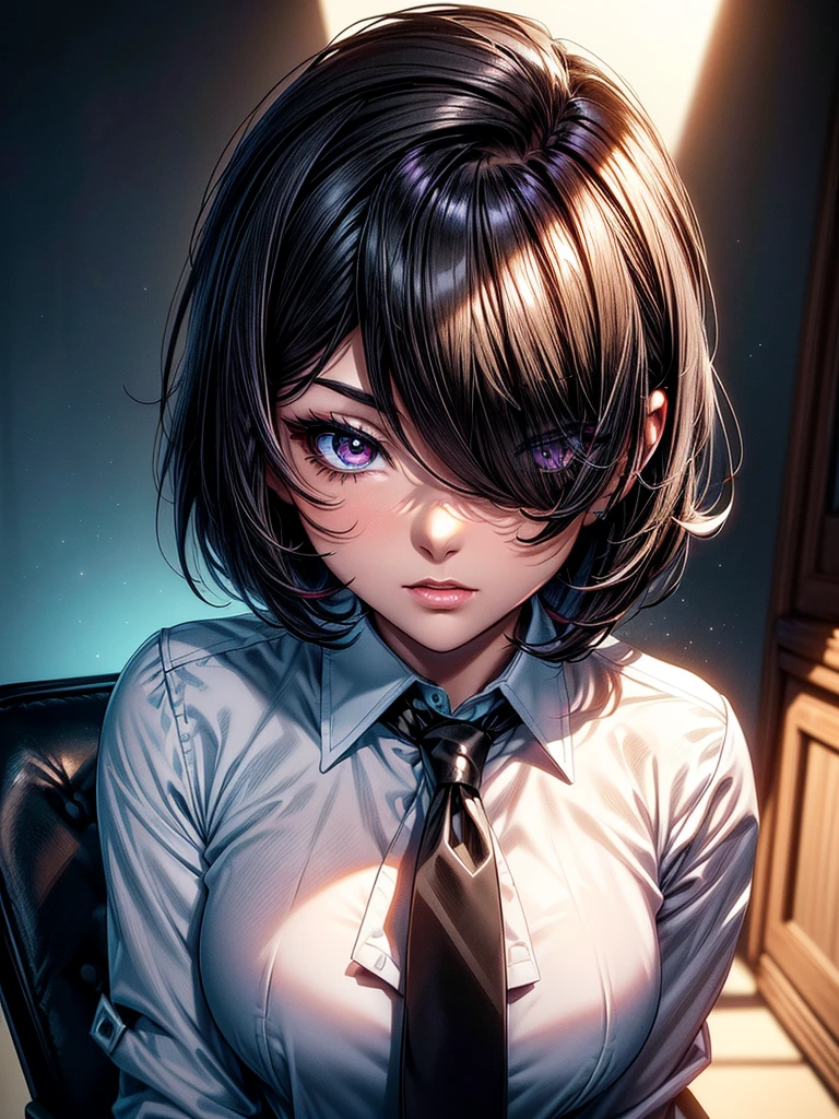 (masterpiece)(8k)(cute)(25-year old woman)(1girl:1.5)(solo:1.8)(lying on the bed:1.5)(from above:1.5)(wild hair:1.3)(short hair:1.3)(black brown hair)(shiny hair:1.2)(hair over one eye:1.5)(hairbun:1.2)(flat chest:1.3)(black pupils:1.4)(glossy skin:1.4)(glossy lips)(dark, glossy eye-shadow:1.5)(dark eyelashes:1.4)(white office shirt:1.6)(long black necktie:1.4)(black panties:1.3)(piercing:1.2)(seductive pose:1.3) rossdraws pastel vibrant, rossdraws cartoon vibrant, style anime 8k, beautiful portrait, artgerm colorful!!!, ! dream artgerm, beautiful anime girl, styled digital art, art wallpaper 8k, digital art, extremely detailed artgerm,