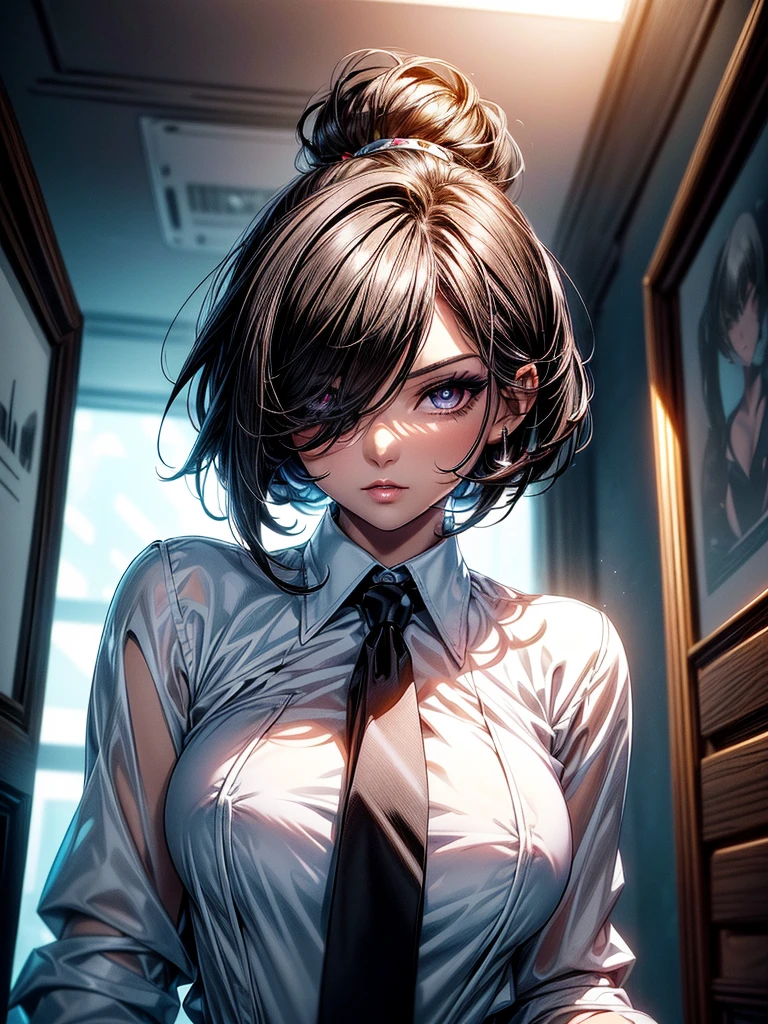 (masterpiece)(8k)(cute)(25-year old woman)(from below:1.3)(1girl:1.5)(solo:1.8)(wild hair:1.3)(short hair:1.3)(black brown hair)(shiny hair:1.2)(hair over one eye:1.5)(hairbun:1.2)(flat chest:1.3)(black pupils:1.4)(glossy skin:1.4)(glossy lips)(dark, glossy eye-shadow:1.5)(dark eyelashes:1.4)(white office shirt:1.6)(long black necktie:1.4)(piercing:1.2)(seductive pose:1.3)(wolf:1.2) rossdraws pastel vibrant, rossdraws cartoon vibrant, style anime 8k, beautiful portrait, artgerm colorful!!!, ! dream artgerm, beautiful anime girl, styled digital art, art wallpaper 8k, digital art, extremely detailed artgerm,