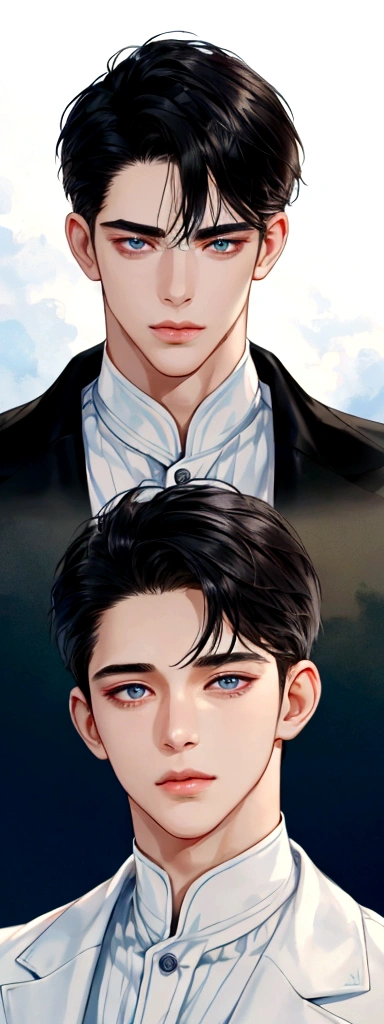 1 boy, handsome face, charming face, fresh face, detail face, Sharp eyes, perfect eyes, cute lips, ignore face, thick neck, pointed chin, black hair, short hair looking at view, sky background