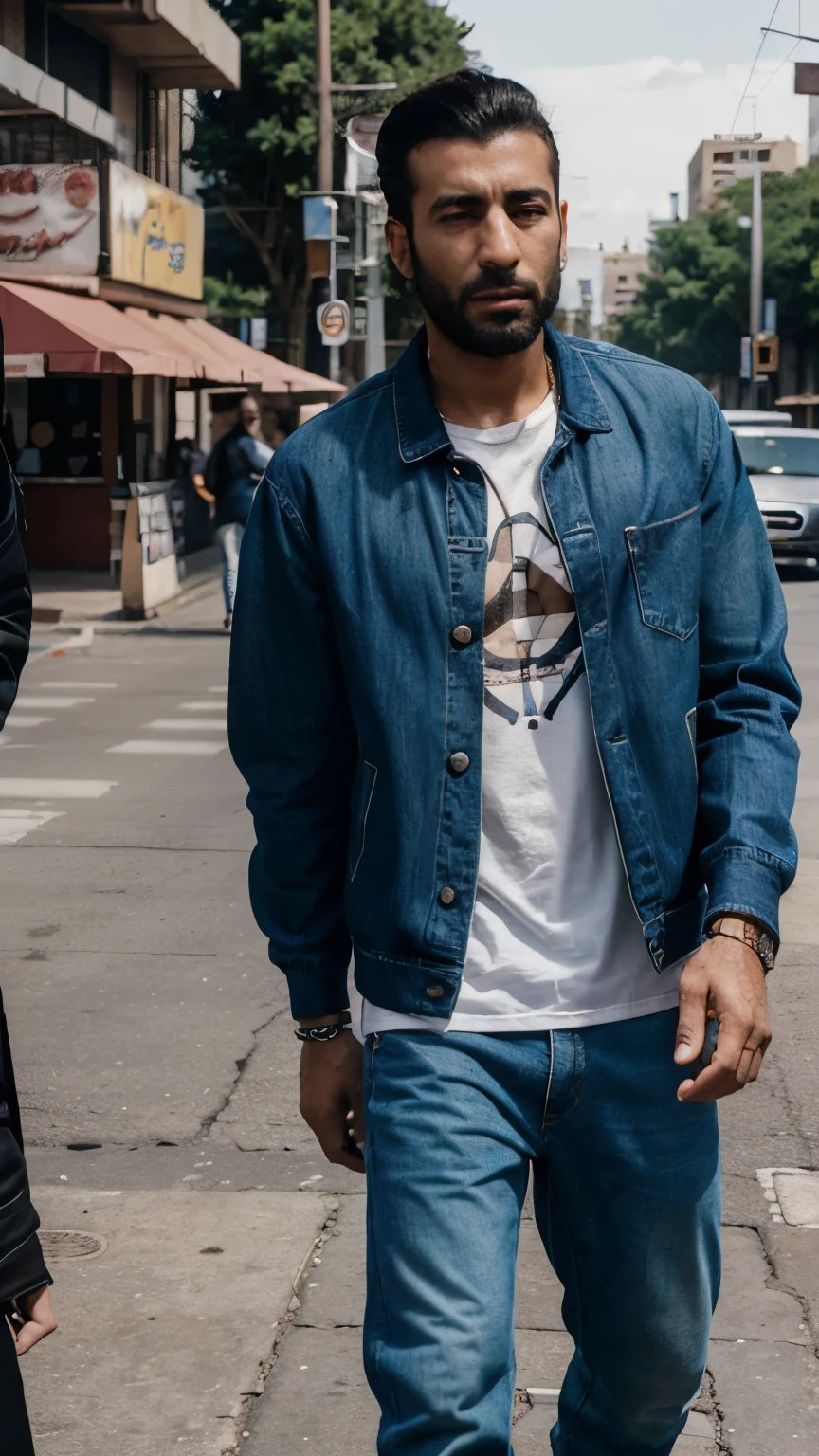 arafed man talking to a man in a parking lot, modeling for dulce and gabanna, high quality video, high quality footage, making of, mohamed chahin style, fear of god style, wearing dirty travelling clothes, wearing a jeans jackets, trending on r/streetwear, photoshoot, photo shoot, wearing demobaza fashion, wearing a baggy