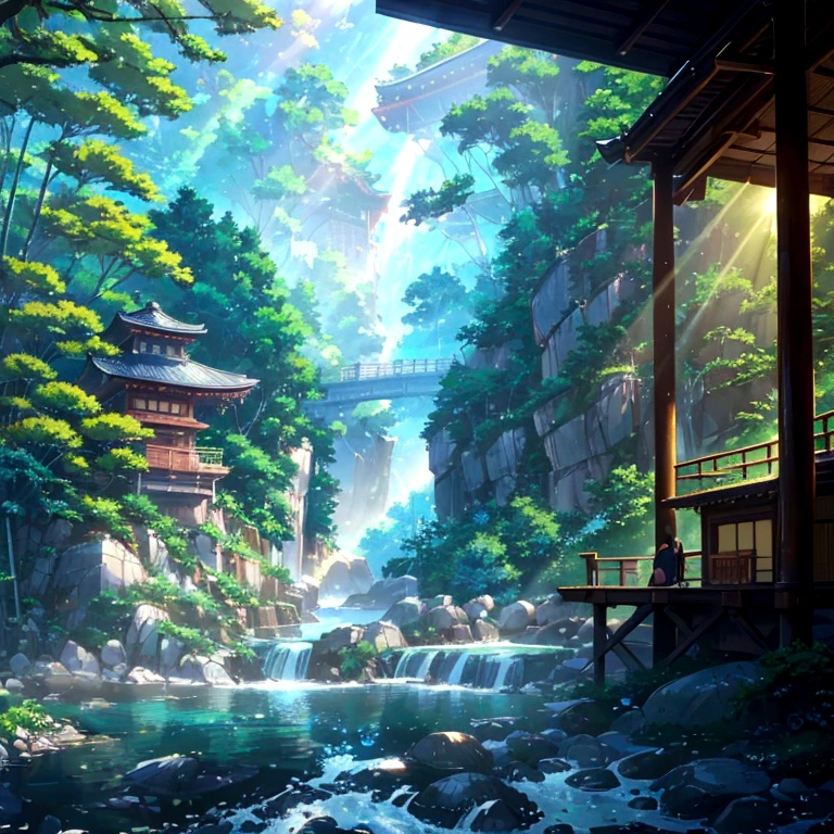 which is a summer tradition of Japan, Nagashi somen, Bamboo Gutter, Somen, Clear Stream, Lush valleys, Sunlight filtering through the trees, Cool scenery, Families, Children's smile, Dip in soup, Scooping the noodles, Summer vacation, Original Japanese Landscape, Nostalgic, Digital interface, Futuristic Technology, 光るSomen, Fusion of nature and technology, Photorealistic, Art Station Quality, High resolution, Detailed texture, 8K, Concept Art, Instagram Post、beautiful Anime Scenery, Landscape painting, Beautiful digital painting, Andreas Rocha, Beautiful artwork illustration, Awesome Wallpapers, Raymond Han, Tall beautiful paintings, Studio Greeble Makoto Shinkai, Beautiful Wallpapers, Anime Scenery