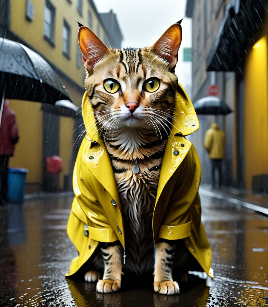 photorealistic portrait of dressed animals - a ((Skinny)) ((cat)) ((yellow) high quality,(sad),(dirty),intricate details, (the heavy rain wets him), Very detailed (( very torn coat)), soft lighting,(full body image:1.5),rainy street background,(seen from below:2.0),