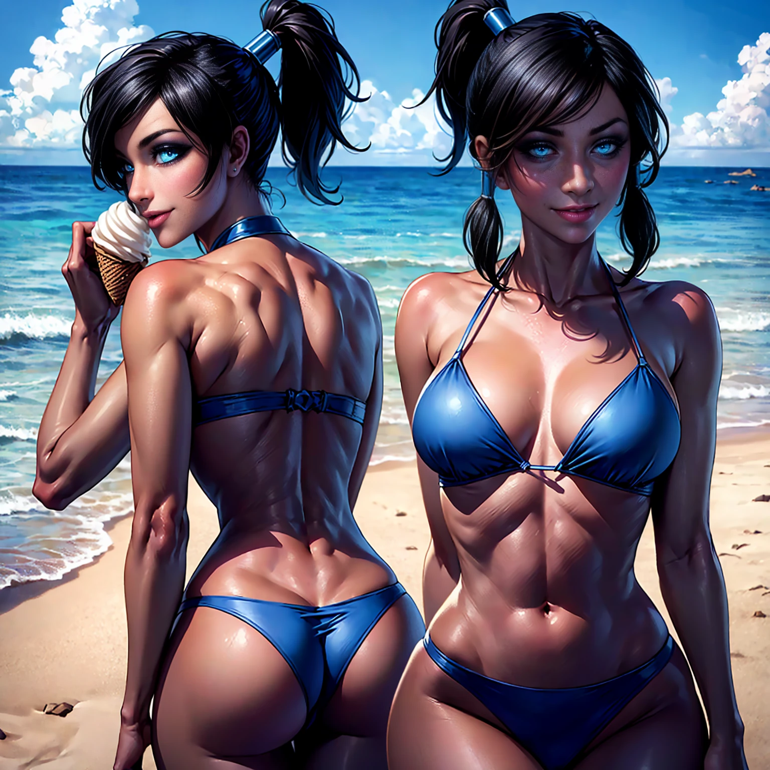 Korra, ((short black hair, ponytail, hair tubes, glowing blue eyes, makeup, narrow waist, skinny, medium breasts, dark skin, dark_skinned female)), pelvic curtain, ((blue bikini)), full body, perfect body, (insanely detailed, beautiful detailed face, masterpiece, best quality) , (((solo))), (((1girl))), (((mature))), (extremely detailed 8k paper CG wall unit: 1.1), (beach, sunnyday, sand), (smile face for the viewer), eropose, underbutt, behind, from back, holding ice cream,