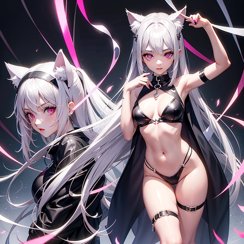 Silver hair, pink eyes, body, cat ears, sexy girl, earring charms