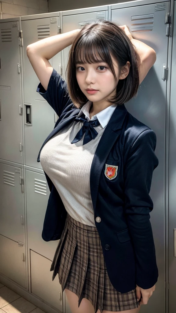 masterpiece, best quality, illustration, Super detailed, fine details, High resolution, 8K,wall paper, perfect dynamic composition,(Details High quality, realistic depiction of eyes:1.3), Upper body, front view, locker room、Leaning against a locker, Raise your arms above your head., High school girl uniform、blazer 、Colossal tits、Disturbed uniform,  short bob hair, black hair color, huge breasts, Big Natural Color Lip, crying a little、Harajuku style、20 year old girl