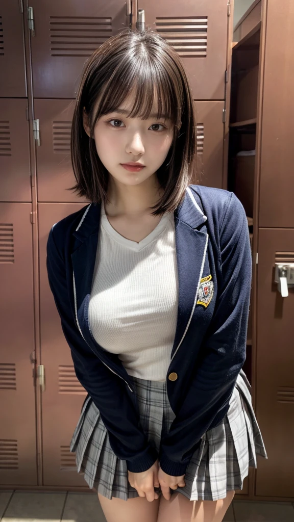 masterpiece, best quality, illustration, Super detailed, fine details, High resolution, 8K,wall paper, perfect dynamic composition,(Details High quality, realistic depiction of eyes:1.3), Upper body, front view, locker room、Leaning against a locker, Raise your arms above your head., High school girl uniform、blazer 、Colossal tits、Disturbed uniform, short bob hair, black hair color, huge breasts, Big Natural Color Lip, crying a little、Harajuku style、20 year old girl
