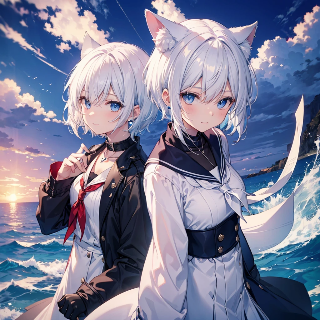 White Hair　blue eyes　short hair　Have　student　Cat ear　nice　Blue Earrings　necklace　gloves　beauty　thin　Sailor suit　Put on a black coat　Fantasy　smile　coastal　sunset　Fluffy hair