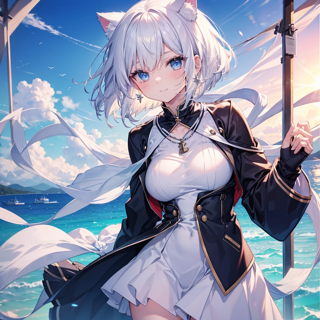 White Hair blue eyes short hair Have student Cat ear nice Blue Earrings necklace gloves beauty thin Sailor suit Put on a black coat Fantasy smile coastal sunset Fluffy hair
