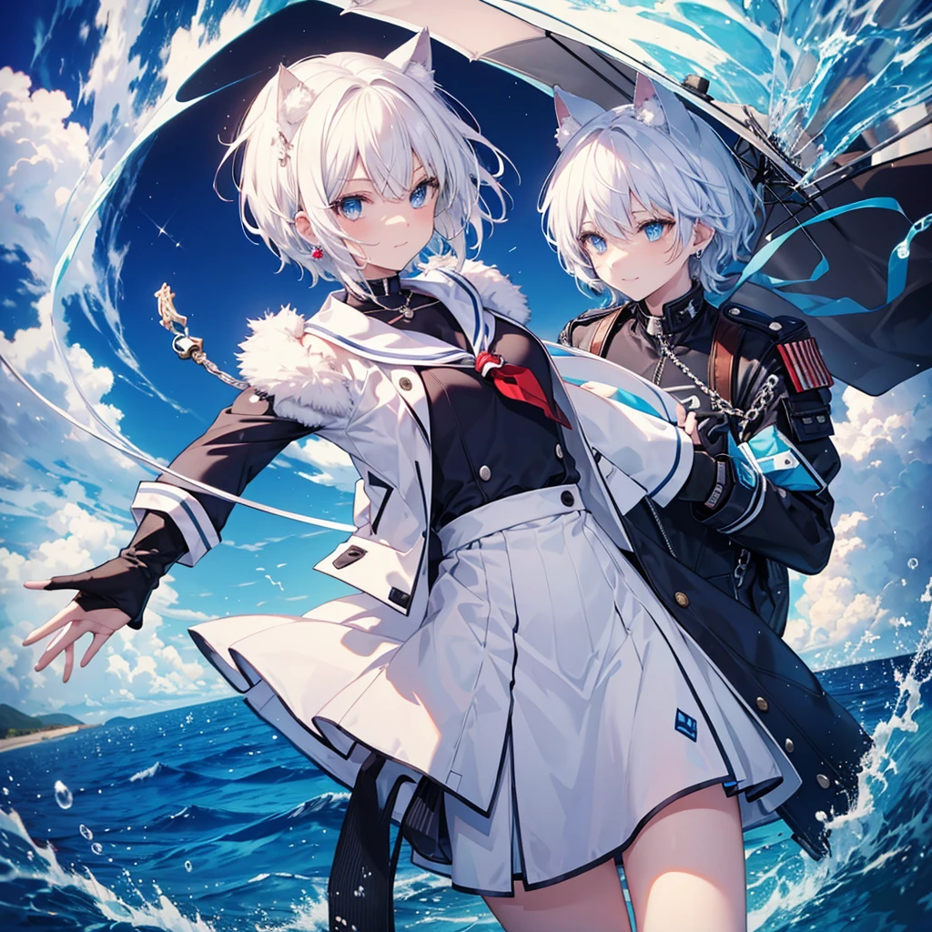 White Hair　blue eyes　short hair　Have　student　Cat ear　nice　Blue Earrings　necklace　gloves　beauty　thin　Sailor suit　Put on a black coat　Fantasy　smile　coastal　sunset　Fluffy hair