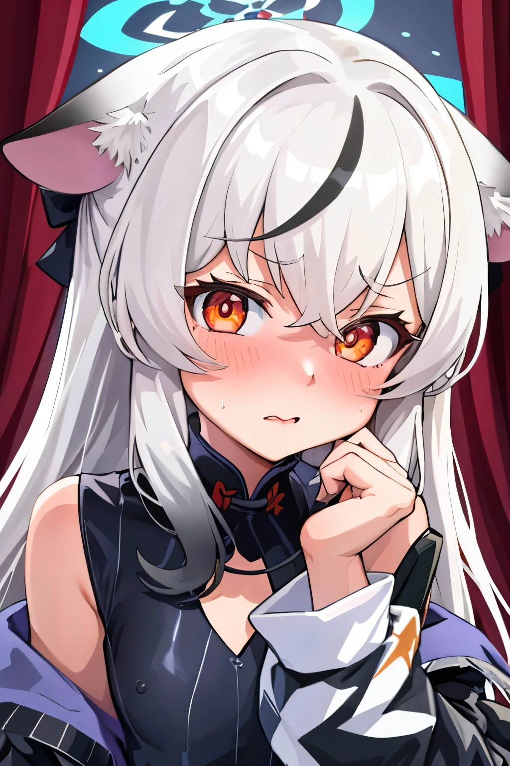 1girl, kokona, indoors, orange eyes, white hair, :3 mouth, embarrassed, beautiful eyes, beautiful lips, shiny lips, extremely detailed eyes and face, long eyelashes, close-up, warm lighting, vibrant colors, looking at the viewer, embarrassed look, blush, Winter suit, winter wonder