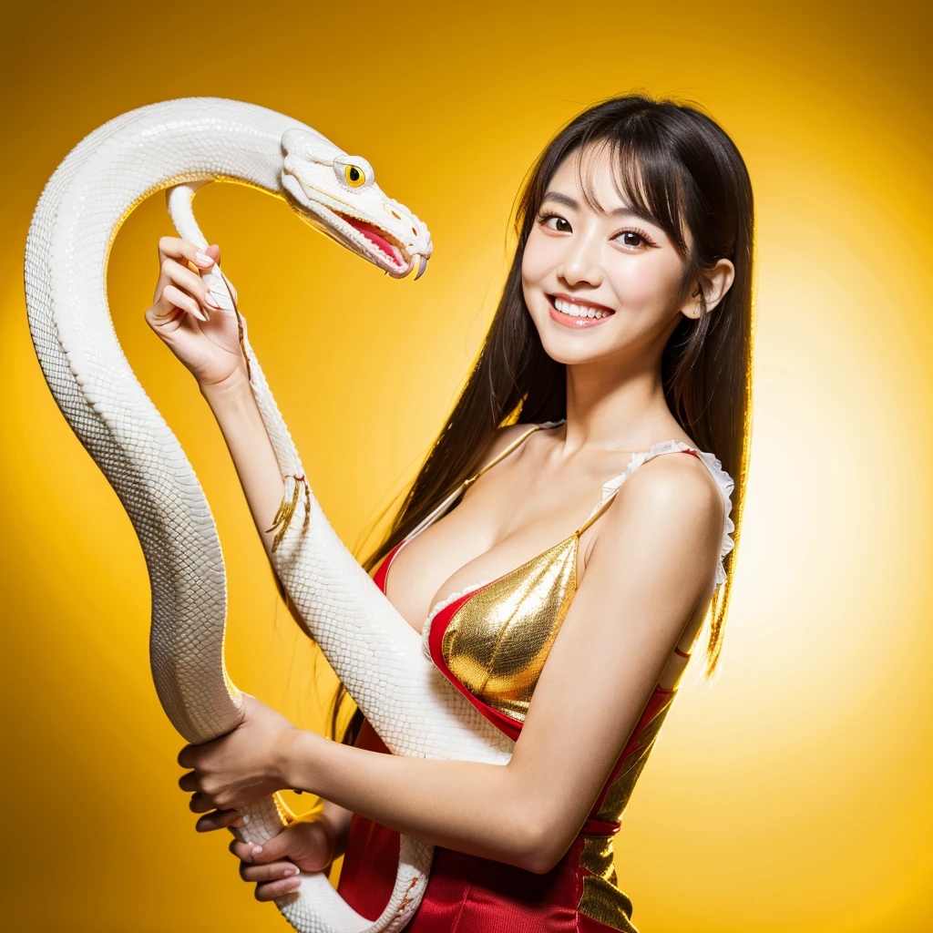 Looking straight ahead and smiling, Holding a large white snake in both hands, Gold Background, Ultra HD、128k、Masterpiece、One Girl、Japanese Model, clavicle, RAW Photo、Big-eyed girl in a red dress、Long face, Professional Lighting、