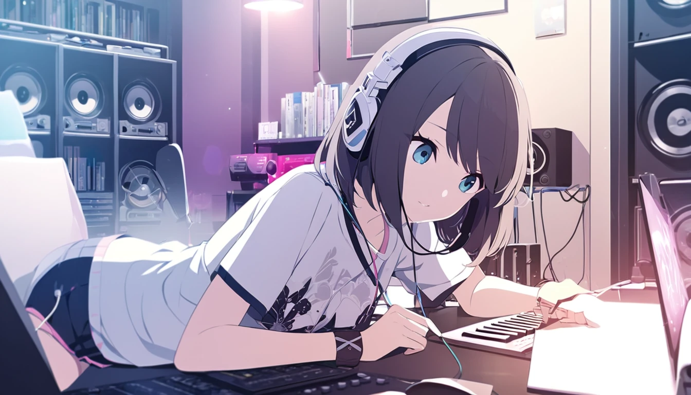 Beautiful girl listening to music with headphones、Inside the room　