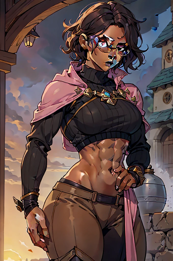 Solo, female, pink turtleneck tunic, cloak, fantasy outfit, fantasy village, short hair, wavy hair, messy hair, ((dark tan skin)), glasses, cleric, cropped jacket, athletic, slightmuscle, slightly muscular, pants, abs