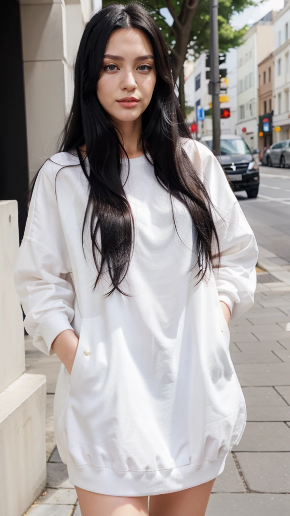 realistic, 1woman, long black hair, black eyes, white fashion clothes