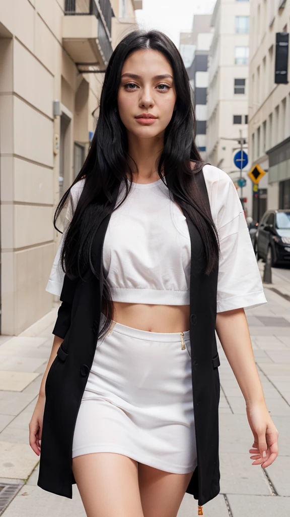 realistic, 1woman, long black hair, black eyes, white fashion clothes